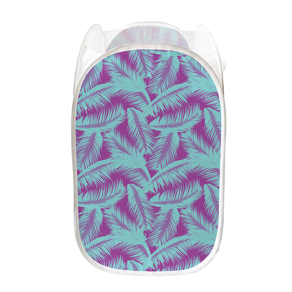 Purple And Teal Tropical Leaf Print Mesh Laundry Hamper