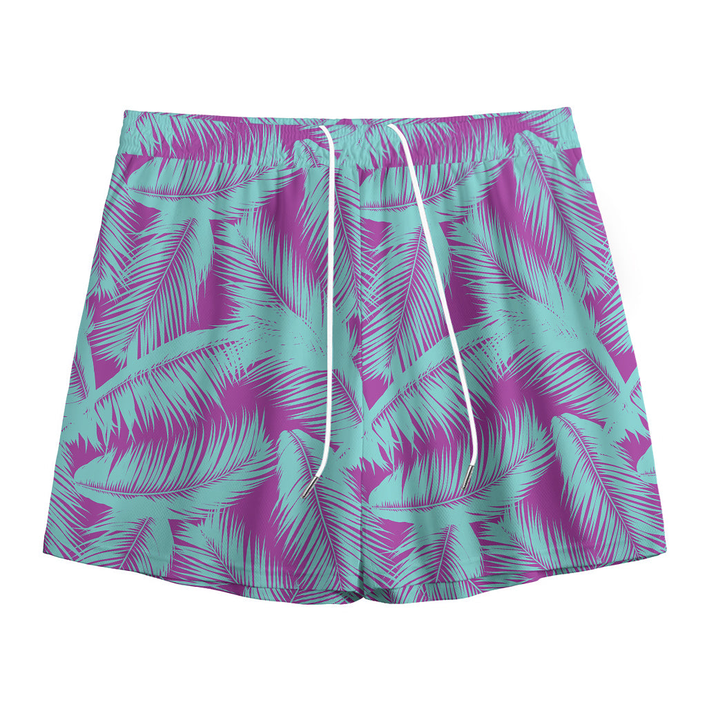 Purple And Teal Tropical Leaf Print Mesh Shorts