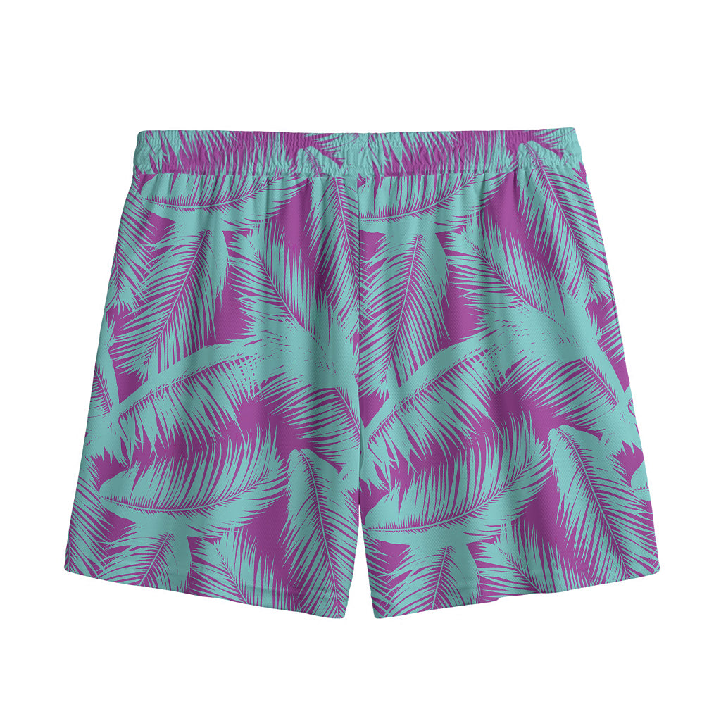 Purple And Teal Tropical Leaf Print Mesh Shorts