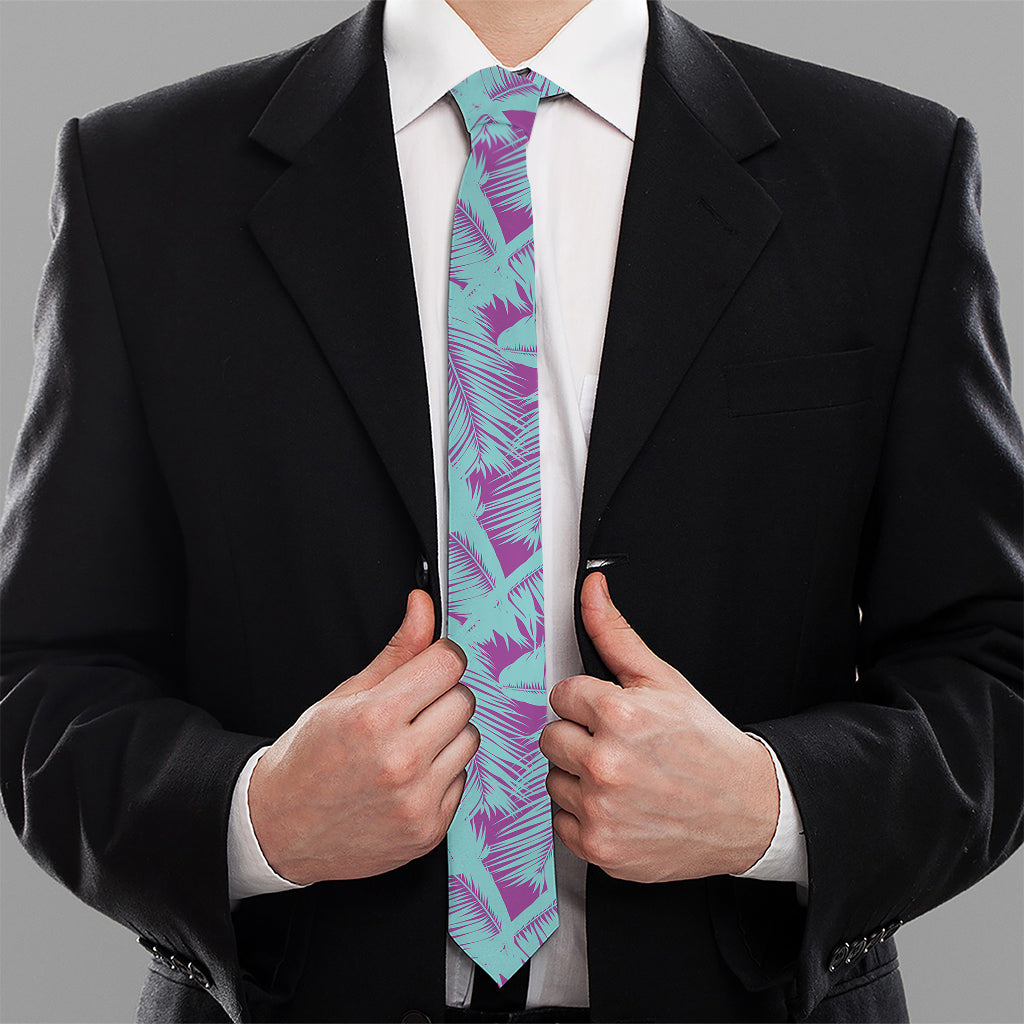 Purple And Teal Tropical Leaf Print Necktie
