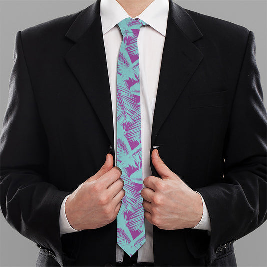 Purple And Teal Tropical Leaf Print Necktie