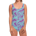 Purple And Teal Tropical Leaf Print One Piece Swimsuit