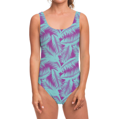 Purple And Teal Tropical Leaf Print One Piece Swimsuit