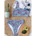 Purple And Teal Tropical Leaf Print One Shoulder Bikini Top