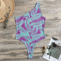 Purple And Teal Tropical Leaf Print One Shoulder Bodysuit