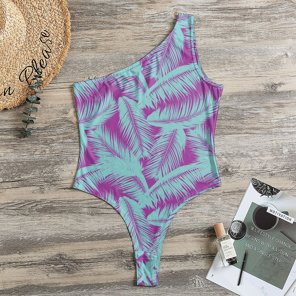 Purple And Teal Tropical Leaf Print One Shoulder Bodysuit