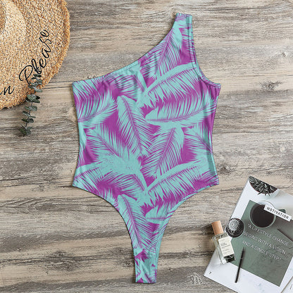 Purple And Teal Tropical Leaf Print One Shoulder Bodysuit