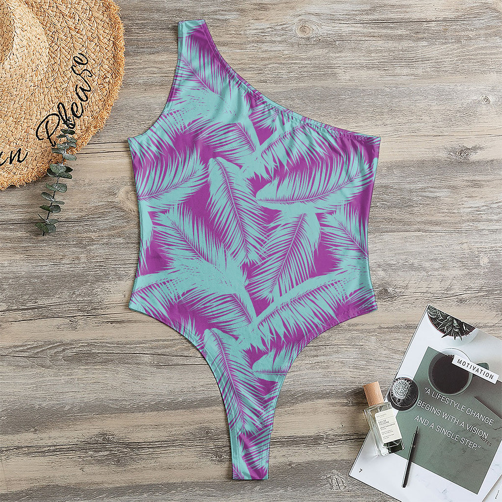 Purple And Teal Tropical Leaf Print One Shoulder Bodysuit