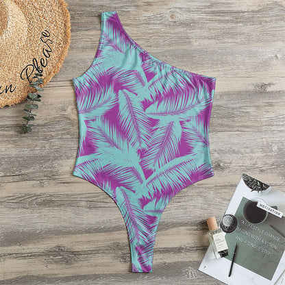 Purple And Teal Tropical Leaf Print One Shoulder Bodysuit