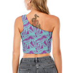 Purple And Teal Tropical Leaf Print One Shoulder Crop Top