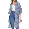 Purple And Teal Tropical Leaf Print Open Front Beach Cover Up