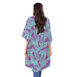 Purple And Teal Tropical Leaf Print Open Front Beach Cover Up