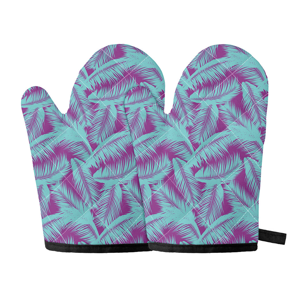 Purple And Teal Tropical Leaf Print Oven Mitts