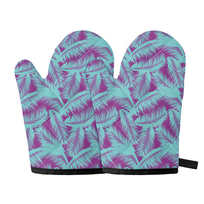 Purple And Teal Tropical Leaf Print Oven Mitts
