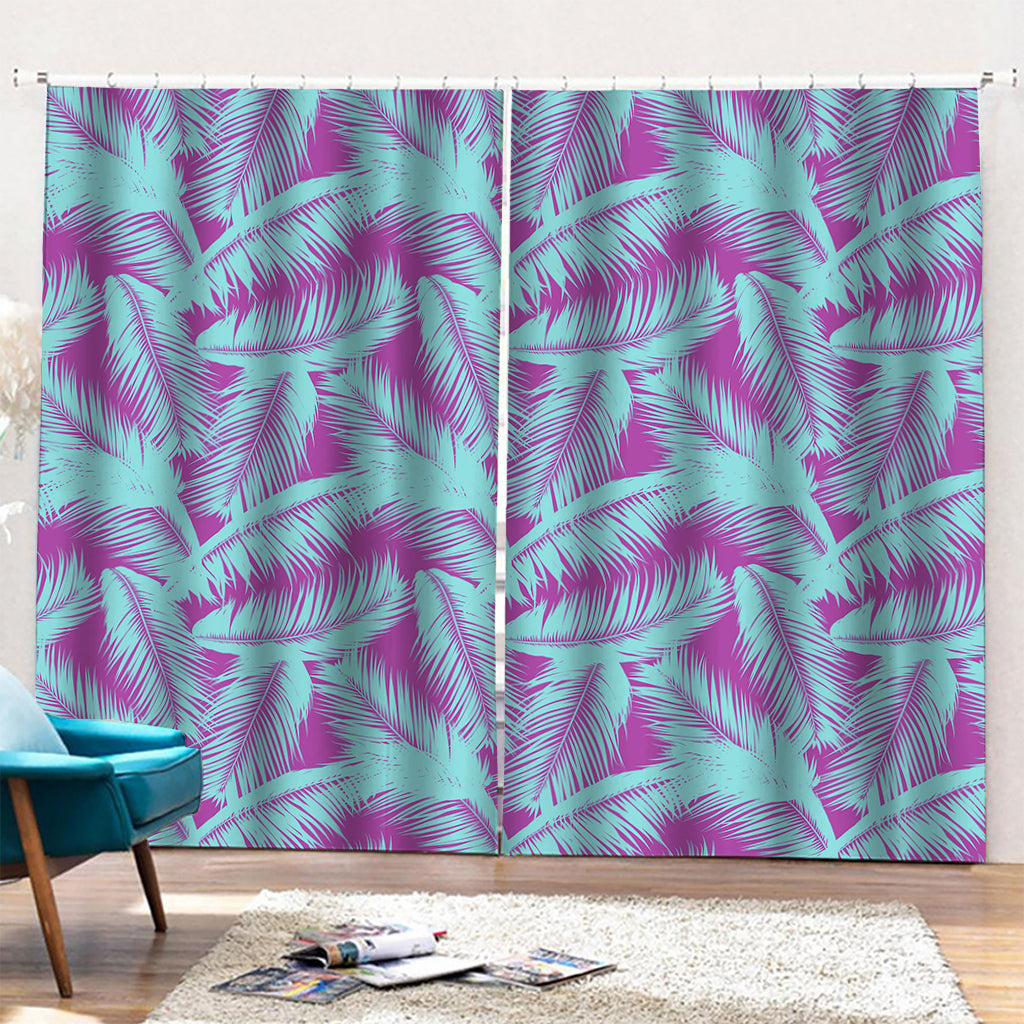 Purple And Teal Tropical Leaf Print Pencil Pleat Curtains