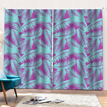 Purple And Teal Tropical Leaf Print Pencil Pleat Curtains
