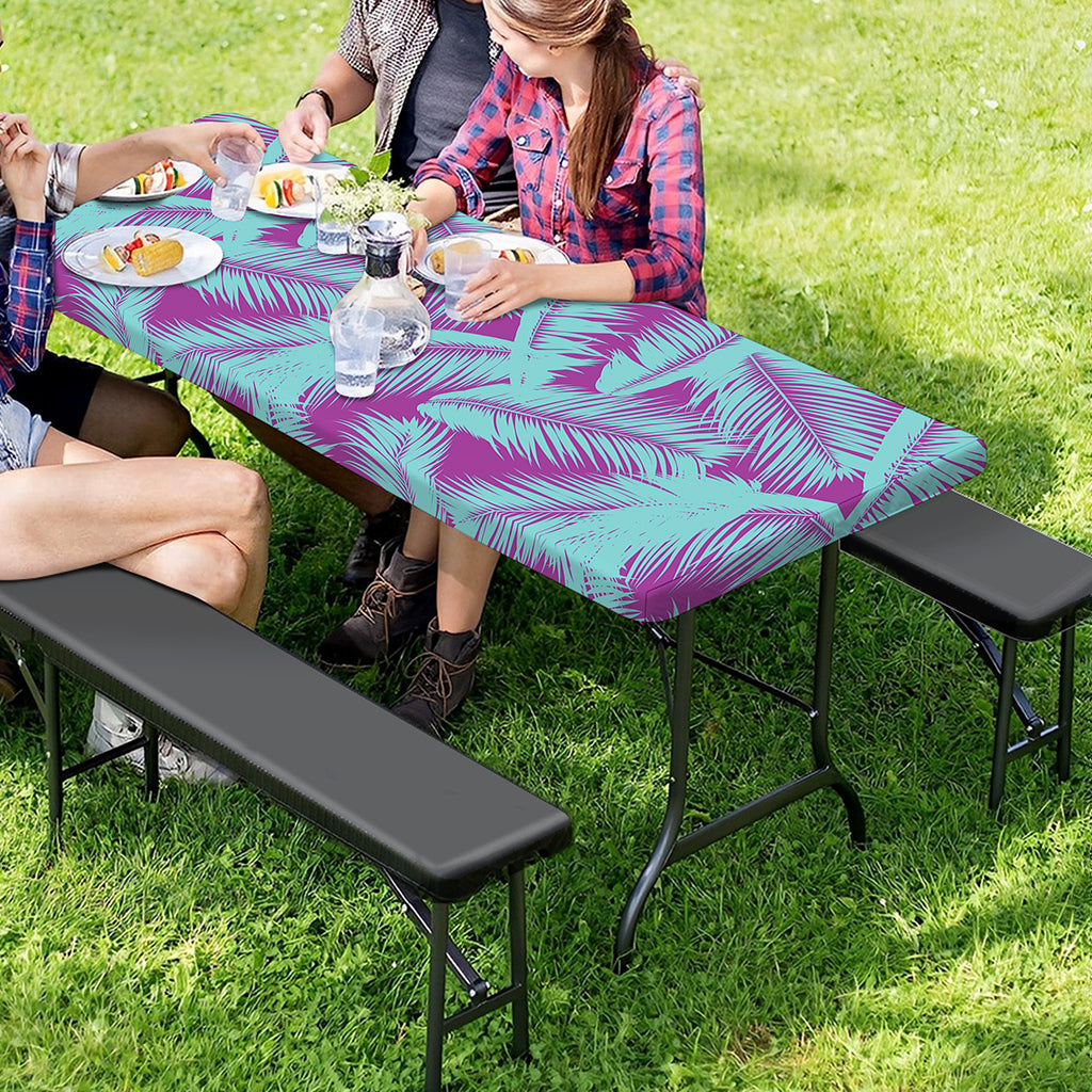 Purple And Teal Tropical Leaf Print Picnic Table Cover
