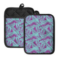 Purple And Teal Tropical Leaf Print Pot Holders With Pocket