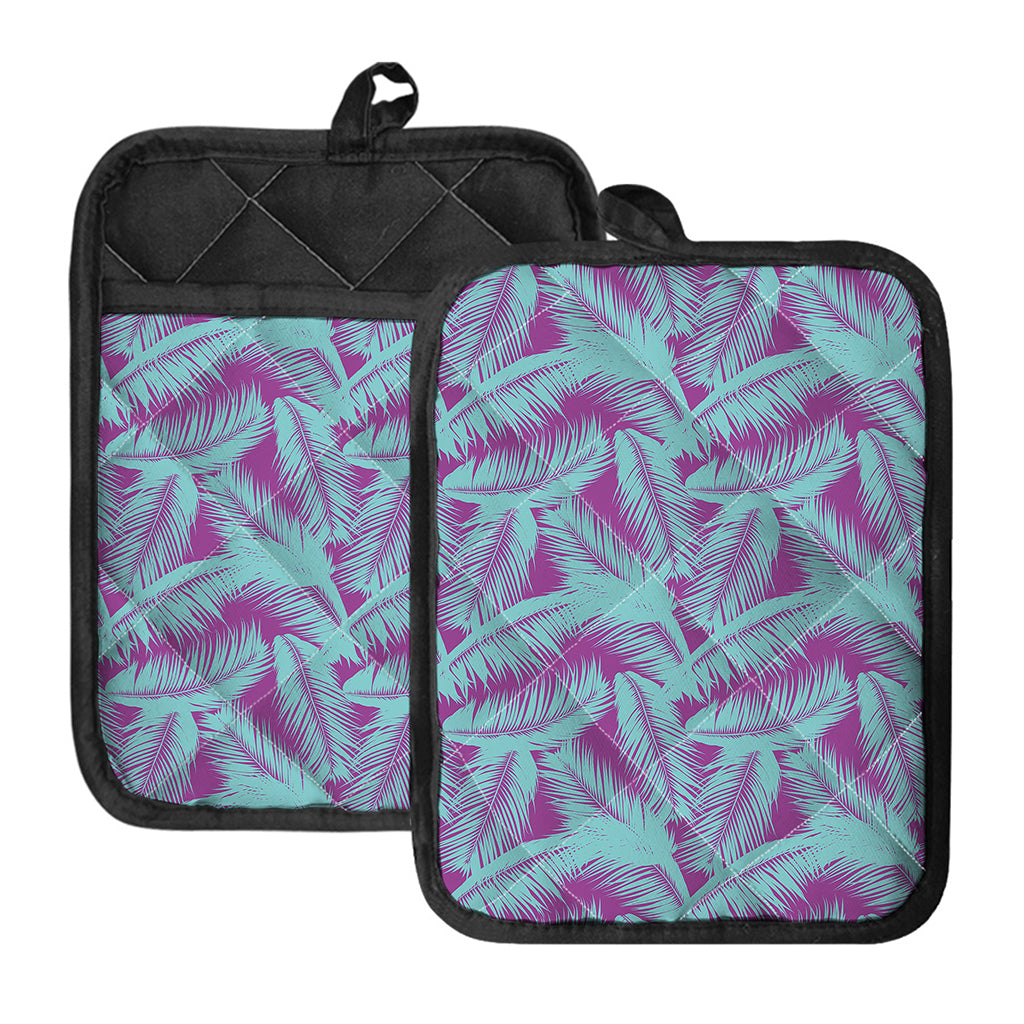 Purple And Teal Tropical Leaf Print Pot Holders With Pocket