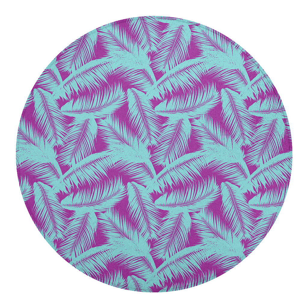 Purple And Teal Tropical Leaf Print Round Blanket