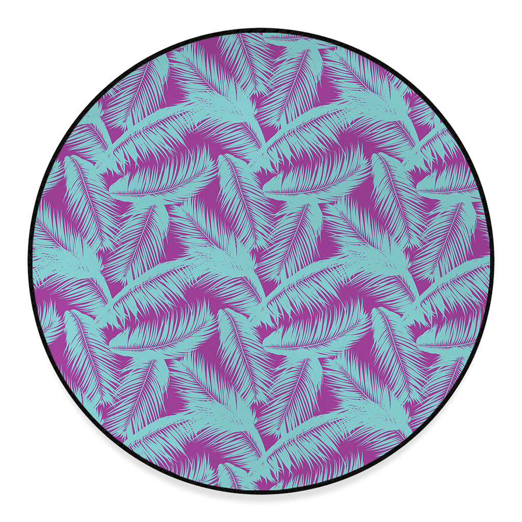 Purple And Teal Tropical Leaf Print Round Floor Mat