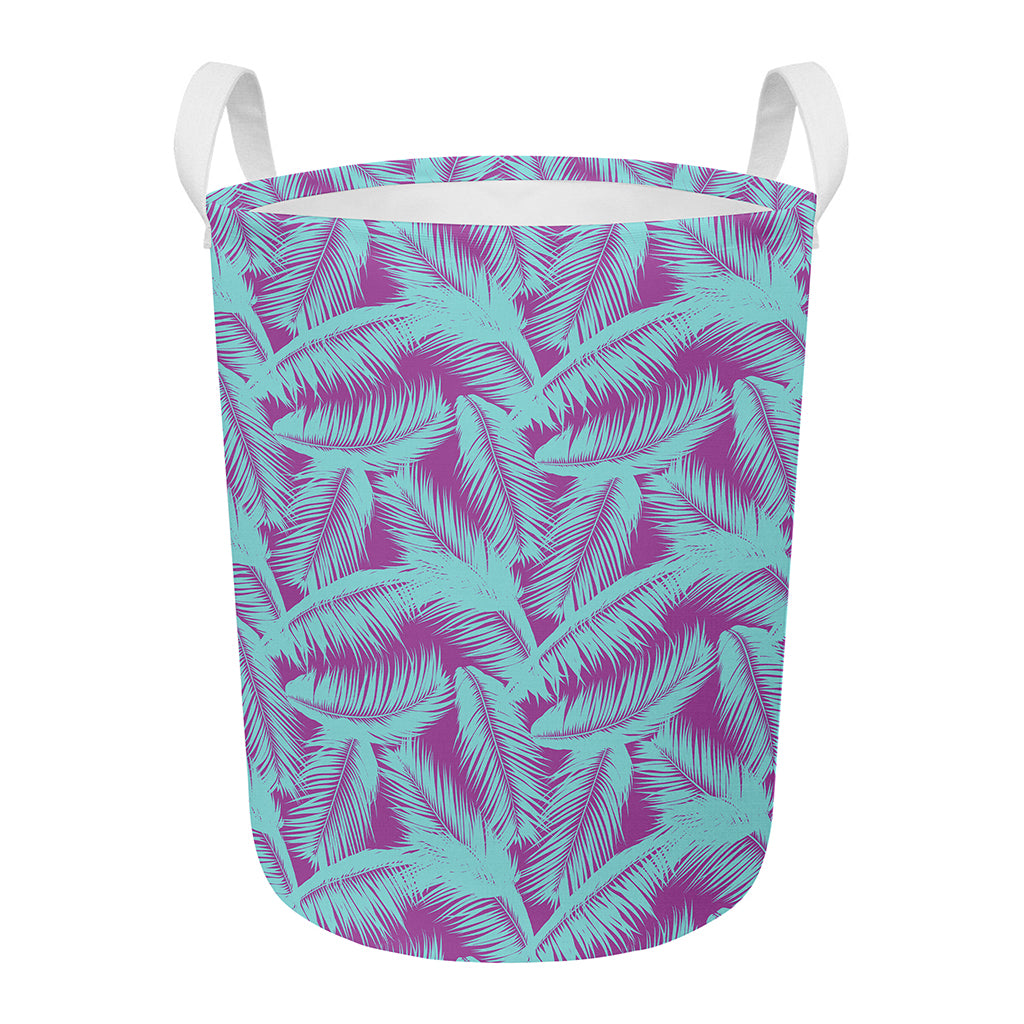 Purple And Teal Tropical Leaf Print Round Laundry Basket
