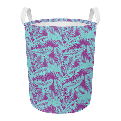 Purple And Teal Tropical Leaf Print Round Laundry Basket
