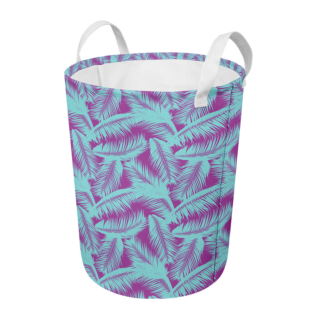 Purple And Teal Tropical Leaf Print Round Laundry Basket