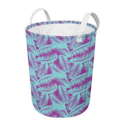 Purple And Teal Tropical Leaf Print Round Laundry Basket