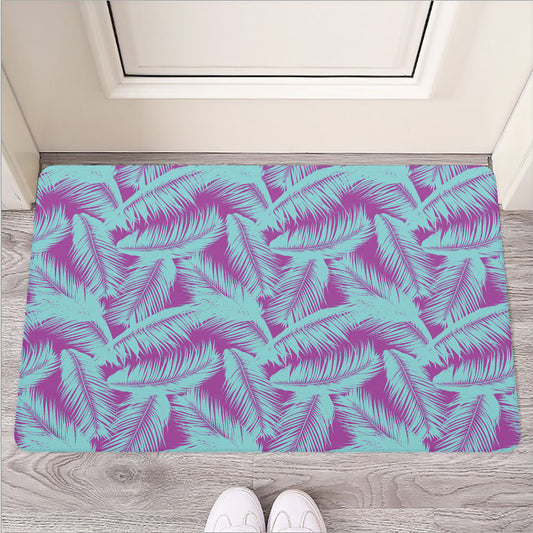 Purple And Teal Tropical Leaf Print Rubber Doormat