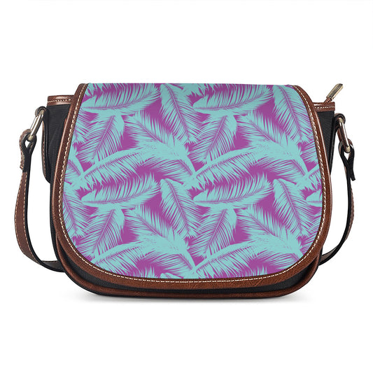 Purple And Teal Tropical Leaf Print Saddle Bag