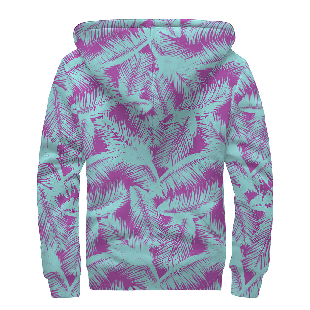 Purple And Teal Tropical Leaf Print Sherpa Lined Zip Up Hoodie