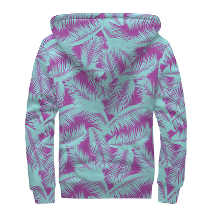 Purple And Teal Tropical Leaf Print Sherpa Lined Zip Up Hoodie