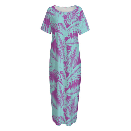 Purple And Teal Tropical Leaf Print Short Sleeve Long Nightdress
