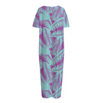 Purple And Teal Tropical Leaf Print Short Sleeve Long Nightdress