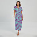 Purple And Teal Tropical Leaf Print Short Sleeve Maxi Dress