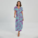 Purple And Teal Tropical Leaf Print Short Sleeve Maxi Dress