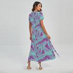 Purple And Teal Tropical Leaf Print Short Sleeve Maxi Dress