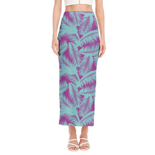 Purple And Teal Tropical Leaf Print Side Slit Maxi Skirt