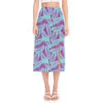 Purple And Teal Tropical Leaf Print Side Slit Midi Skirt