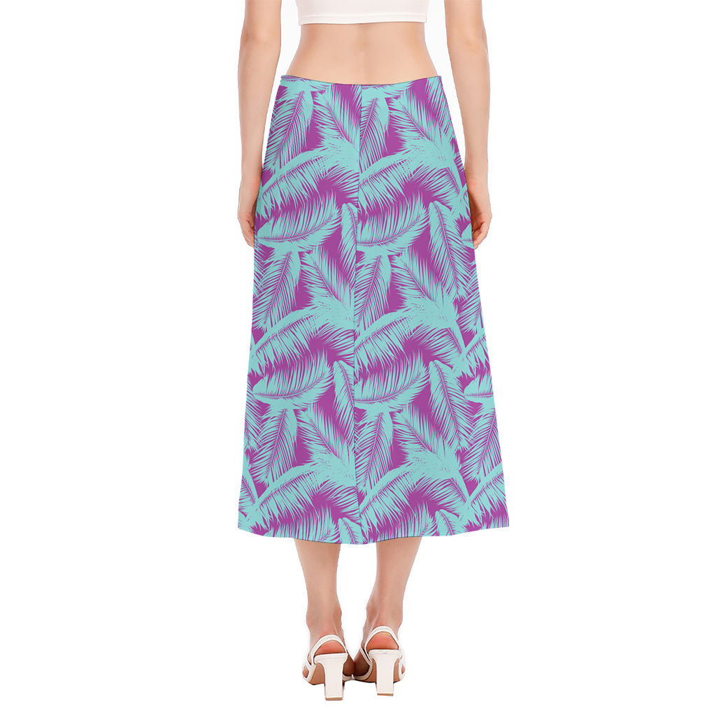 Purple And Teal Tropical Leaf Print Side Slit Midi Skirt