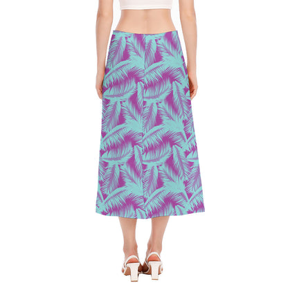 Purple And Teal Tropical Leaf Print Side Slit Midi Skirt