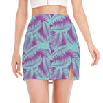 Purple And Teal Tropical Leaf Print Side Slit Mini Skirt