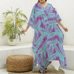 Purple And Teal Tropical Leaf Print Silk V-Neck Kaftan Dress
