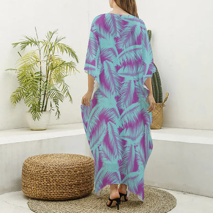 Purple And Teal Tropical Leaf Print Silk V-Neck Kaftan Dress