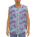 Purple And Teal Tropical Leaf Print Sleeveless Baseball Jersey