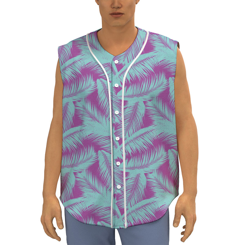 Purple And Teal Tropical Leaf Print Sleeveless Baseball Jersey