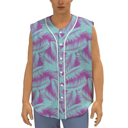 Purple And Teal Tropical Leaf Print Sleeveless Baseball Jersey