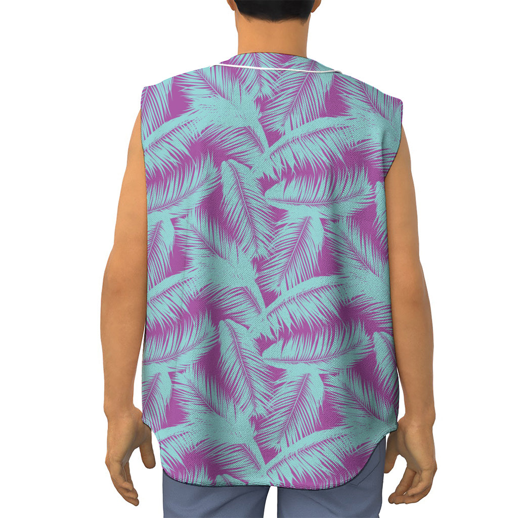 Purple And Teal Tropical Leaf Print Sleeveless Baseball Jersey
