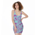 Purple And Teal Tropical Leaf Print Sleeveless Bodycon Dress
